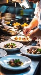 Obraz premium Chefs arrange exquisite plates of gourmet food in a bustling restaurant environment