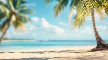 Summers Paradise A blurred background of a beautiful sandy beach with palm trees and a blue sky, a perfect summer vacation concept banner 