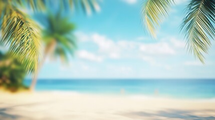 Fototapeta premium Summers Paradise A blurred background of a beautiful sandy beach with palm trees and a blue sky, a perfect summer vacation concept banner 