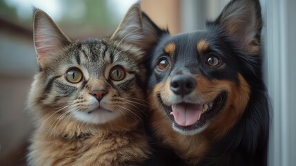 playful portrait of cheerful dog and cat companions white background highlights expressive faces and contrasting fur textures