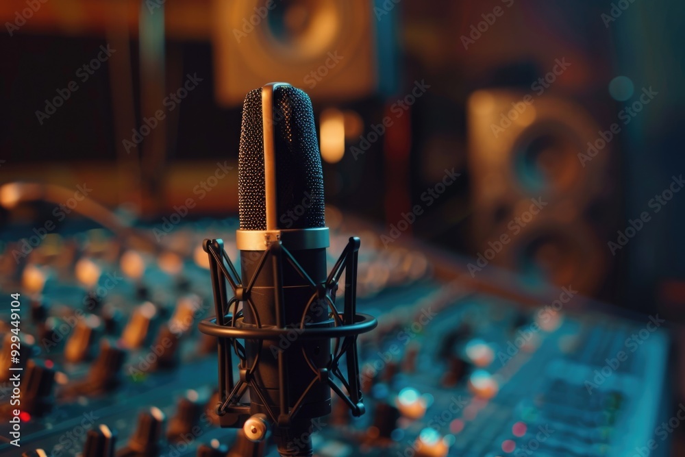 Aufkleber a microphone placed on top of a soundboard, ready for use in audio production or live performance