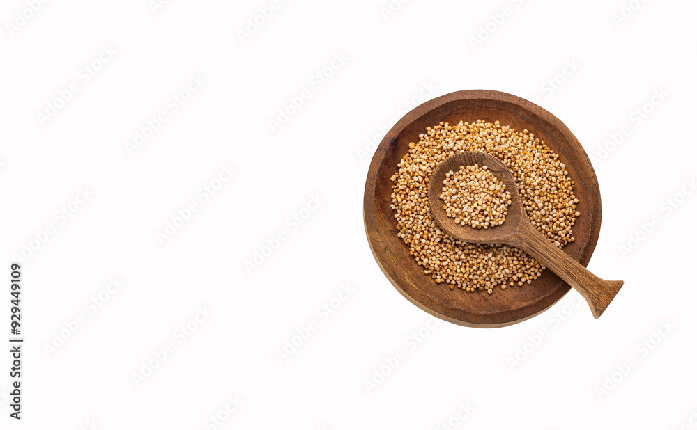 Poster wooden bowl and spoon with amaranth pops - amaranthus.