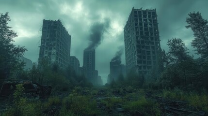 postapocalyptic cityscape with crumbling skyscrapers overgrown vegetation reclaiming urban ruins moody atmosphere with dramatic lighting