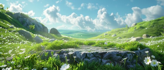 3d render platform and Natural background, Stone podium on dry grassland in the valley for product stand display, advertising, mockup. 