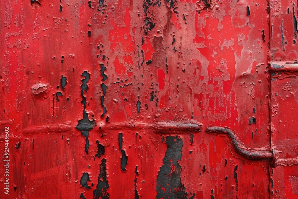 Poster close-up shot of a red painted wall with peeling paint, suitable for use in interior design or archi