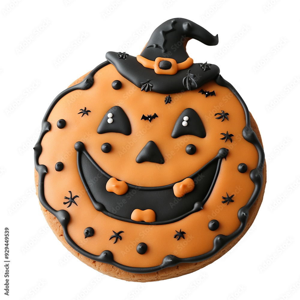 Wall mural Halloween cookie with a jack-o'-lantern face, witch hat, and smirk isolated on transparent background.