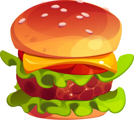 Cartoon fast food burger with sesame seed bun, crisp lettuce, melted cheese and thick juicy beef patty perfectly layered with fresh tomato and onion slices. Isolated vector delicious cheeseburger meal