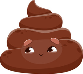 Cartoon poop emoji. Isolated cute vector poo with a smiling face. Fun and playful emoticon for digital communications, stickers, and humorous content. Brown shit with happy and dreamy face expression