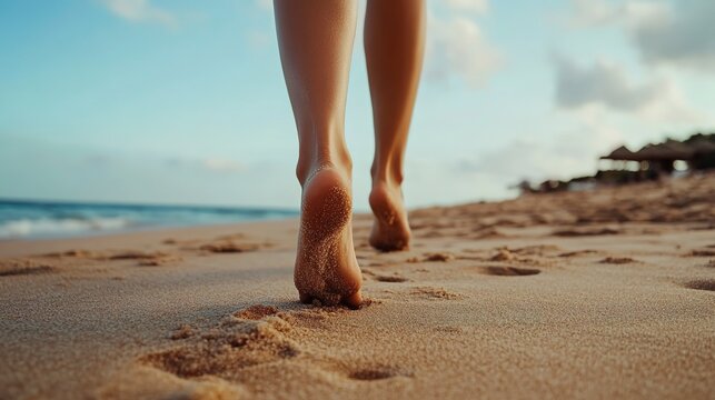 Closeup of woman feet walking on sand beach 