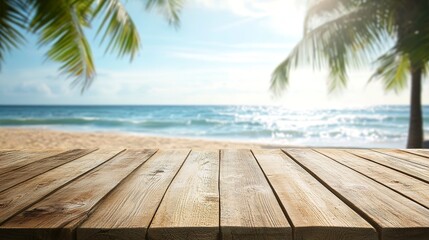 Wooden table top with the blurred tropical beach landscape for display or montage your products.