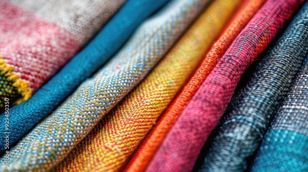Poster a close-up view of a pile of vibrant fabrics, suitable for textile or crafting projects