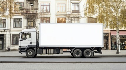 White Truck with Blank Billboard in Urban Setting