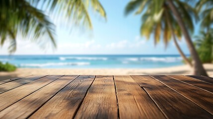Wooden table top with the blurred tropical beach landscape for display or montage your products.