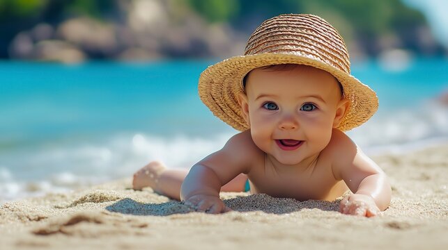 Happy baby in a straw hat crawling on the beach. Banner with copy space. Concept of family vacation, summer fun 