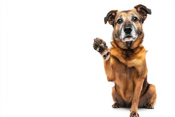 Obraz premium Fantastic looking elder dog, sitting side ways one paw lifted looking at camera, isolated on a white background , ai