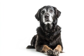 Fantastic looking elder dog, sitting side ways one paw lifted looking at camera, isolated on a white background , ai