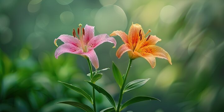 On the morning after rain, in the valley, two big different colored flowers bloom on the same stem of a lily.