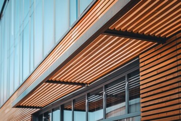 Close up view of an exterior building with wood slats and a metal canopy over the entrance