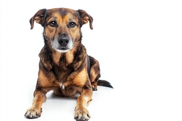 Obraz premium Fantastic looking elder dog, sitting side ways one paw lifted looking at camera, isolated on a white background , ai