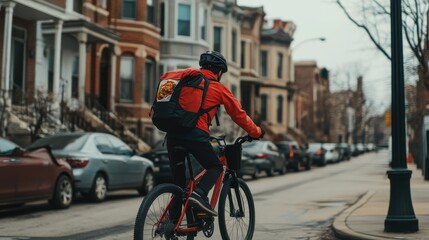 Fototapeta premium A bicycle delivery worker navigates a quiet neighborhood with parked cars lining the street
