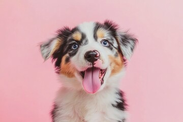 Funny and hungry Australian shepherd puppy dog eating and licking its lips with tongue. Isolated on color pastel background on summer or spring season , ai