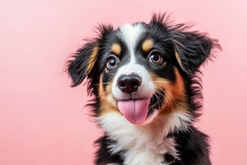 Funny and hungry Australian shepherd puppy dog eating and licking its lips with tongue. Isolated on color pastel background on summer or spring season , ai