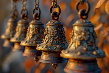 A group of bells hanging from a chain