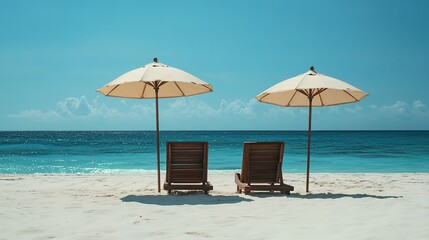 Two parasol umbrellas casting the shadow over the two wooden lounge chairs or easy chairs on an empty sunny sand beach near the blue ocean or sea water on a summer day. Sun protection on a holiday 