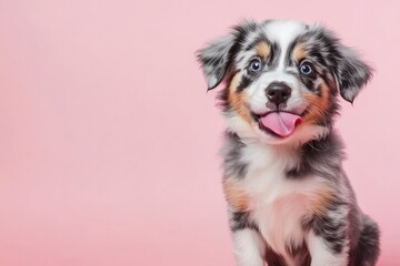 Funny and hungry Australian shepherd puppy dog eating and licking its lips with tongue. Isolated on color pastel background on summer or spring season , ai