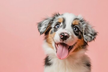 Funny and hungry Australian shepherd puppy dog eating and licking its lips with tongue. Isolated on color pastel background on summer or spring season , ai