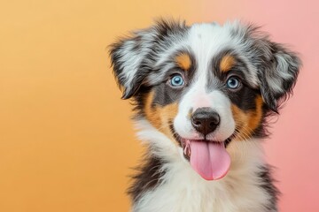 Fototapeta premium Funny and hungry Australian shepherd puppy dog eating and licking its lips with tongue. Isolated on color pastel background on summer or spring season , ai
