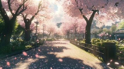 Naklejka premium Anime city park in spring, with cherry blossoms in full bloom and a gentle breeze carrying petals through the air