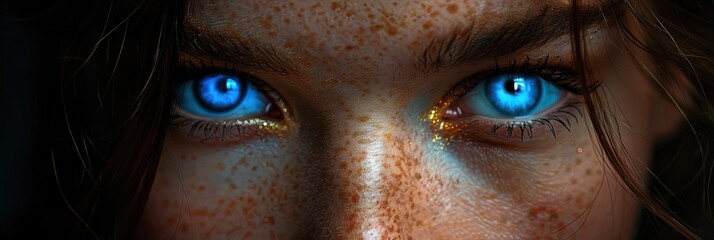 beautiful woman's glowing neon blue eyes 