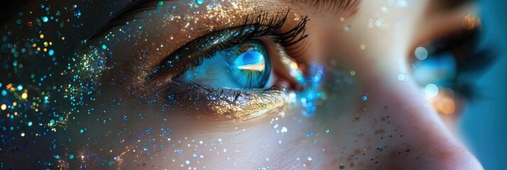 closeup of beautiful woman's glowing neon blue eyes 