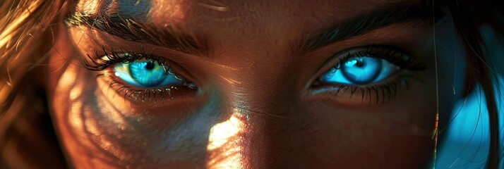 closeup of beautiful woman's glowing neon blue eyes 