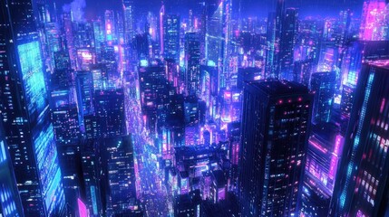 Anime cityscape at night, with neon lights reflecting off skyscrapers and bustling streets below