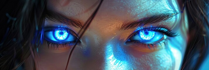 closeup of beautiful woman's glowing neon blue eyes 