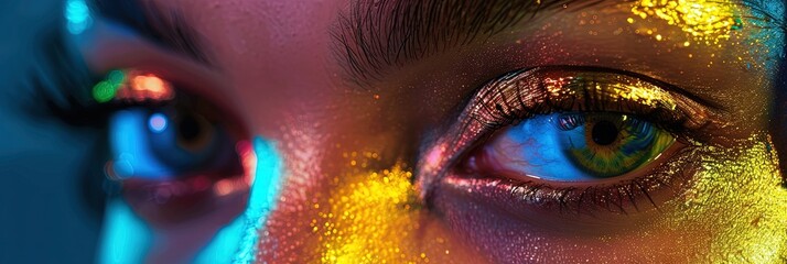 closeup of beautiful woman's glowing neon eyes 