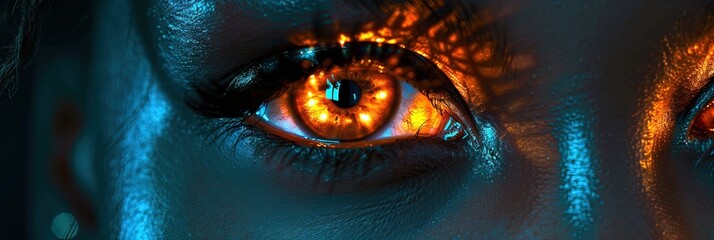 closeup of beautiful woman's glowing neon eyes 