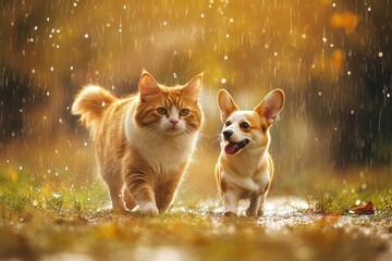 Obraz premium furry friends red cat and corgi dog walking in a summer meadow under the drops of warm rain , ai