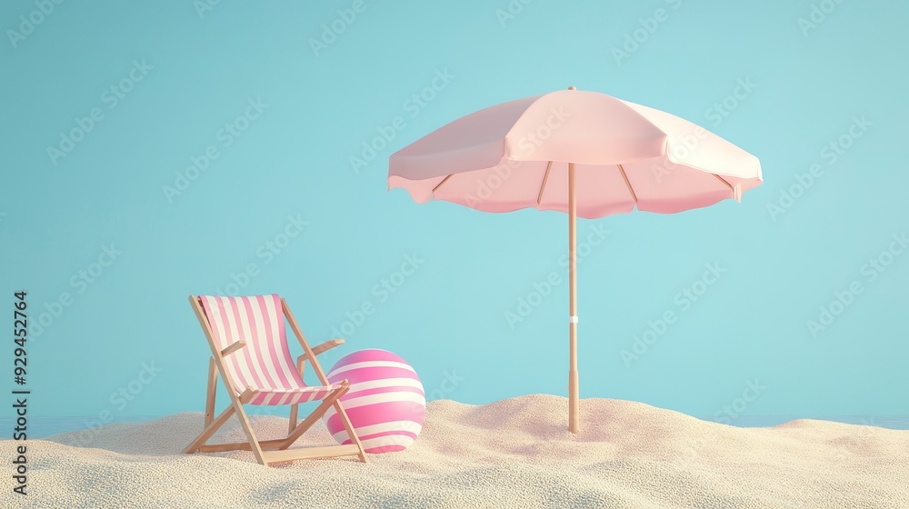 Canvas Prints 3D rendering of a pink beach umbrella with a chair and a pink beach striped ball on sand against a isolated blue background