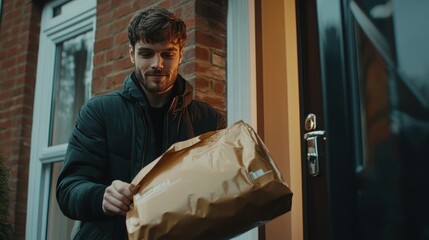 A delivery worker drops off food at a home's door during the evening
