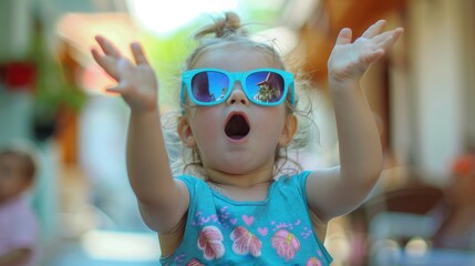 A young girl posing with her hands up and wearing blue sunglasses, capturing a carefree moment