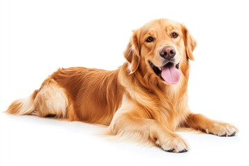 Golden Retriever dog - Canis lupus familiaris - great popular family domestic animal good with children isolated on white background tongue out while , ai