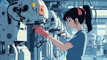 Anime technician adjusting a robotic arm in an assembly line, ensuring precision and accuracy