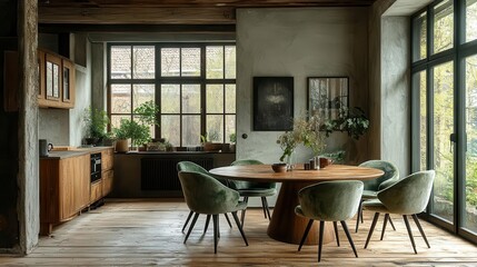 Fototapeta premium scandinavianinspired dining area with mint green chairs around circular wooden table muted color palette large windows flooding room with natural light