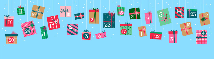 Christmas advent calendar with holiday gifts boxes garland and day dates, vector template background. Christmas advent calendar with December present gifts with ribbons and snowflakes pattern wrapper