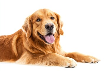 Golden Retriever dog - Canis lupus familiaris - great popular family domestic animal good with children isolated on white background tongue out while , ai