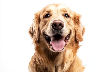 Golden Retriever dog - Canis lupus familiaris - great popular family domestic animal good with children isolated on white background tongue out while , ai