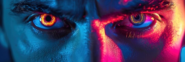closeup of handsome man's glowing neon eyes 